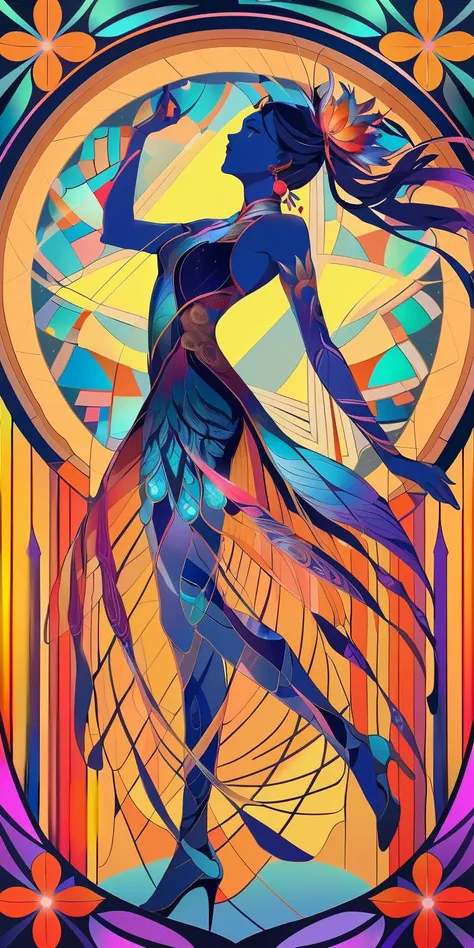 a woman in a dress is dancing in front of a stained glass window