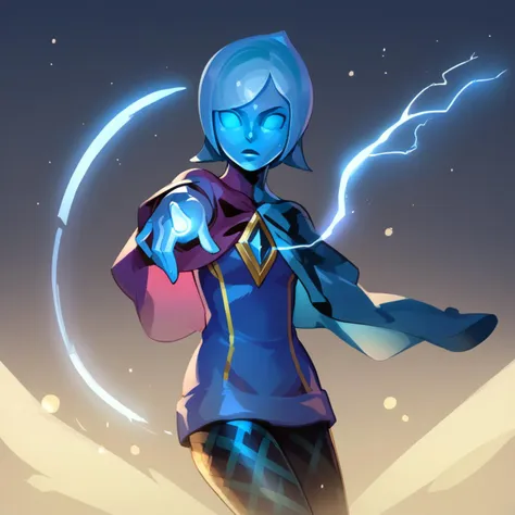 a cartoon image of a woman with a blue outfit and lightning