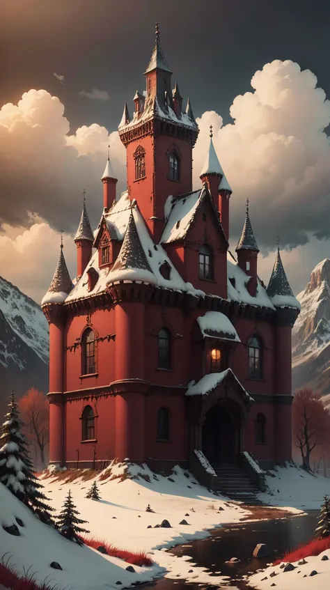 <lora:DeadpoolStyle:1> DeadpoolStyle a dilapidated castle in a snowy landscape, melancholic atmosphere, cold colors, (leather:0.6), (Masterpiece:1.3) (best quality:1.2) (high quality:1.1)