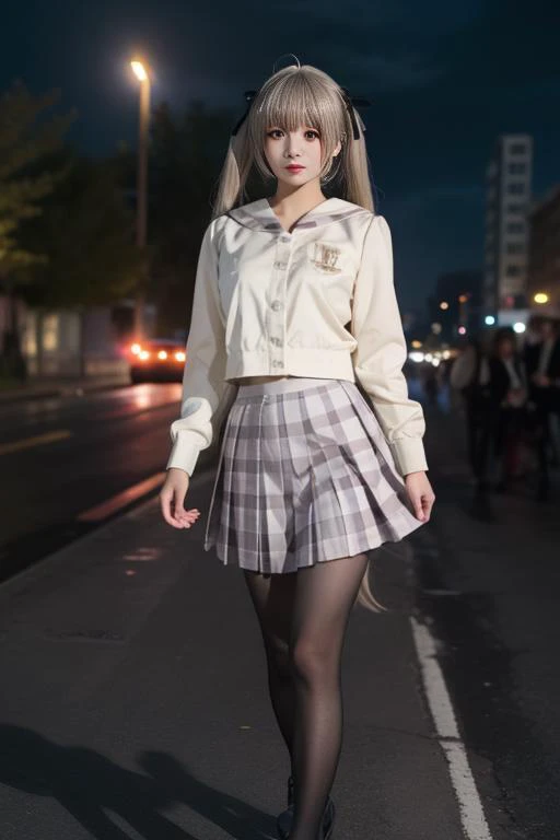 ultra-detailed,highly detailed,best quality,masterpiece,illustration,realistic,
kasugano sora, 1girl, solo, cosplay, 
hair ribbon, school uniform,serafuku,sailor collar, long sleeves,plaid skirt, pleated skirt, pantyhose,
grey hair,  twintails, long hair,b...