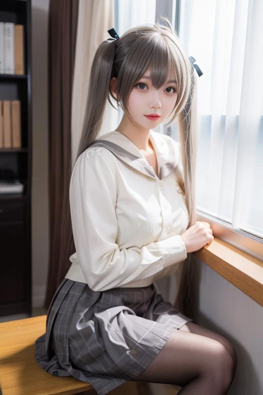 ultra-detailed,highly detailed,best quality,masterpiece,illustration,realistic,
kasugano sora, 1girl, solo, cosplay, 
hair ribbon, school uniform,serafuku,sailor collar, long sleeves,plaid skirt, pleated skirt, pantyhose,
grey hair,  twintails, long hair,b...