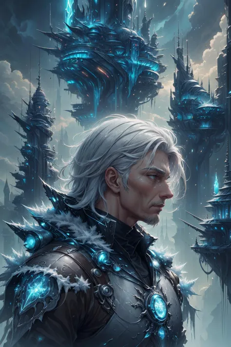 a man with white hair and a blue armor stands in front of a futuristic city