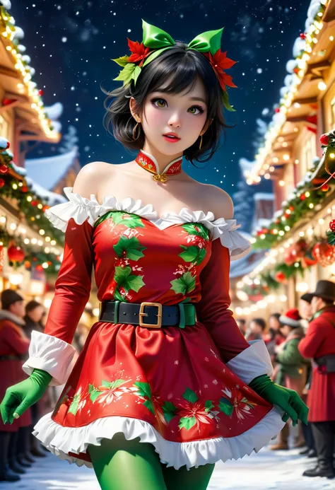 (medium full shot) of (bonnie young woman:1.1), chinese with straight black hair, dark eyes, fair skin, petite,             wearing Red and green floral print dress with green ribbon belt, green stockings, red sandals, candy cane headband with peppermint s...