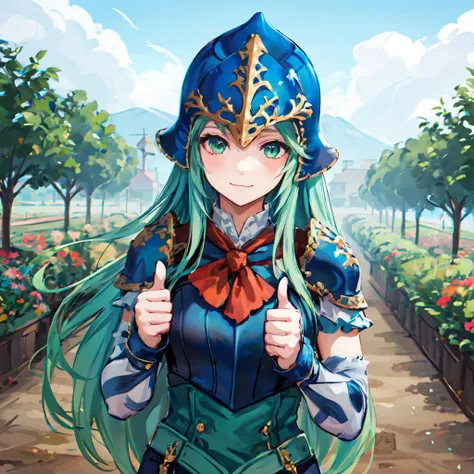 1girl, 1cow, <lora:nephenee-fef> nephenee fe, skirt, thigh strap, helmet, armor, (thigh boots:0.8), breastplate, goofy, smile, thumbs up, :3, upper body, outdoors, farm, meme