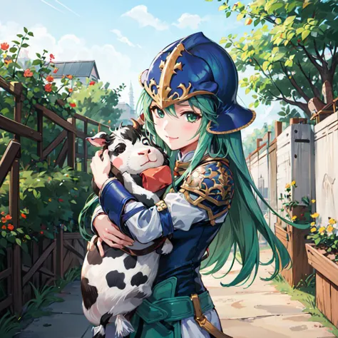 1girl, 1cow, <lora:nephenee-fef> nephenee fe, skirt, thigh strap, helmet, armor, (thigh boots:0.8), breastplate, goofy, smile, hugging cow, :3, upper body, outdoors, farm, meme