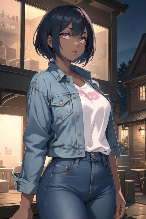 masterpiece, best quality, solo focus, extremely detailed 8k CG unity wallpaper, 1girl with short bob cut hair, glowing eyes, Denim Jacket, ((dark skin:1.4, tomboy)), toned, evening, <lora:92m2-e06:0.4>,<lora:RyoAgawa768:0.6>, pink eyes, outdoors, landscap...