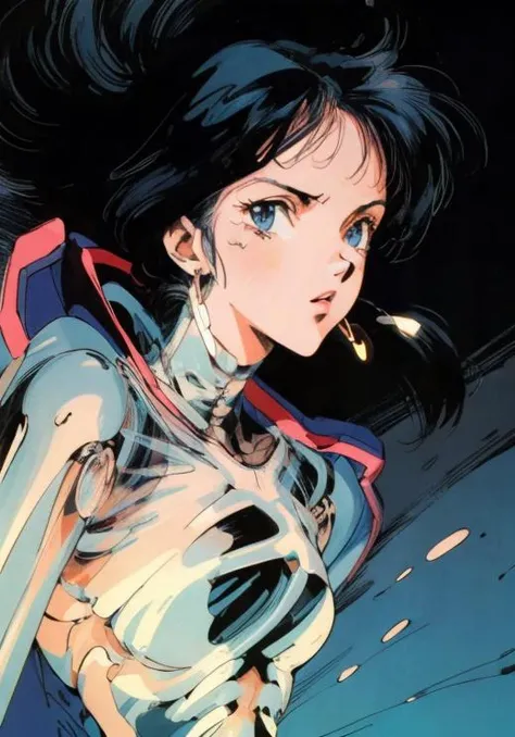 1990s (style),(retro anime:1.5), (80s anime style:1.5), lofi, lo-fi, analog distortion,
Oriental Mystique, A white milf, Mechanical Skeleton body, Ukiyo-e, beautiful, bold move, dramatic light, black hair, glowing, lips, longest hair, parted lips, dark bac...