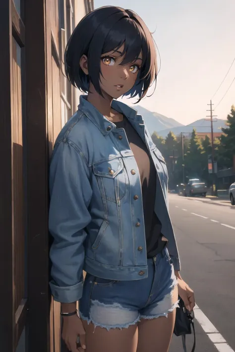 masterpiece, best quality, solo focus, extremely detailed 8k CG unity wallpaper, 1girl with short bob cut hair, glowing eyes, Denim Jacket, ((dark skin:1.4, tomboy)), toned, evening, <lora:92m2-e06:0.4>,<lora:GoodHands-vanilla:0.4>, brown eyes, outdoors, l...