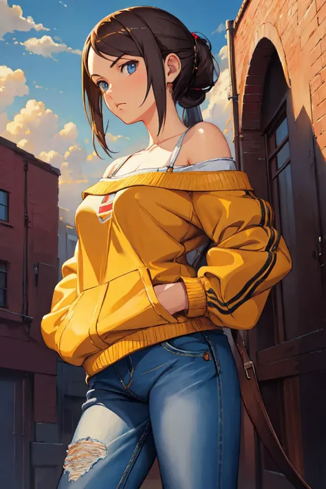 1girl 
worker
  closeup
anime
hands in pockets
off shoulder
jeans
 Vladimir Kush
(masterpiece, best quality)