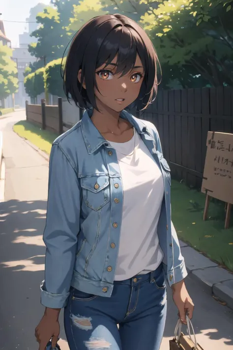 masterpiece, best quality, solo focus, extremely detailed 8k CG unity wallpaper, 1girl with short bob cut hair, glowing eyes, Denim Jacket, ((dark skin:1.4, tomboy)), toned, evening, <lora:92m2-e06:0.4>,<lora:NAI-yoshitoshi_abe:0.4>, brown eyes, outdoors, ...