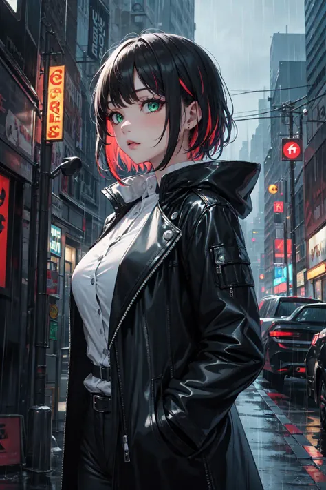 ((masterpiece)), 1girl, solo focus, tall female, short hair, multicolored hair, green eyes, jewel like eyes, medium breasts, black coat, white shirt, accessories, city background, futuristic city, night, rain, moody