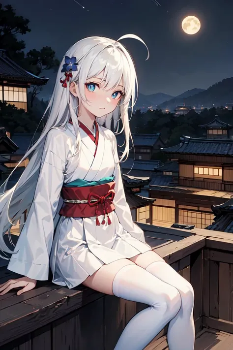 ((masterpiece:1.3, best quality:1.4)), 1girl, white hair, very long hair, ahoge, flat chest, loli, traditional japanese dress, blue pupils, pale skin, petite, ((sitting near buildings ledge)), rooftop, city view, incredible view, ((nighttime)), city lights...