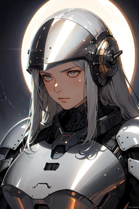 closeup, 1 woman ,human, silver hair, upper body 
black armor, helmet 
ritual
sci-fi
Peter Elson
Jean Giraud
dramatic lighting (masterpiece, best quality),