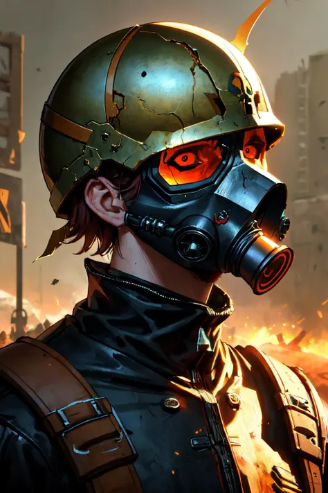 skull 
helmet
war, battle 
  post-apocalyptic
short hair
gas mask
 dramatic lighting 
Dariusz Zawadzki
dark
intrinsic 
surreal
(masterpiece, best quality)