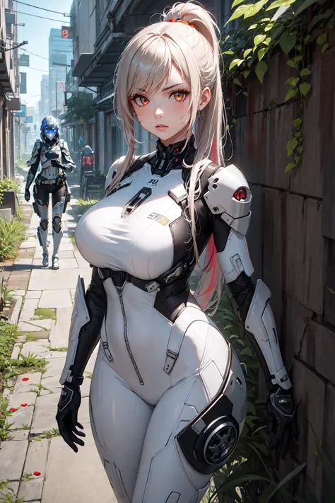 ((solo focus:1.5)), 1girl with a very long ponytail hair, multicolored hair, orange eyes, glowing eyes, halo on eye, wearing a white bodysuit armor, mechanical core on the chest, pale skin, mechanical parts, curvy, mechanical eyes, serious, walking through...