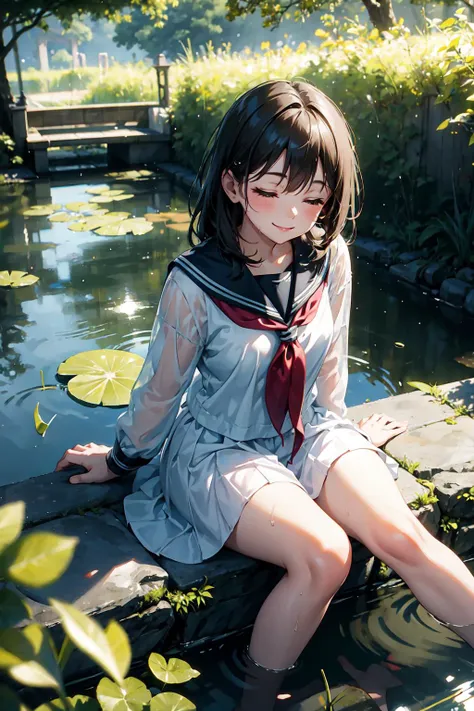 anime girl sitting on a rock in a pond with lily pads