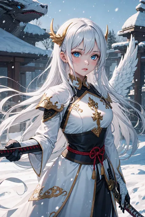 a woman in a white dress holding a sword in the snow