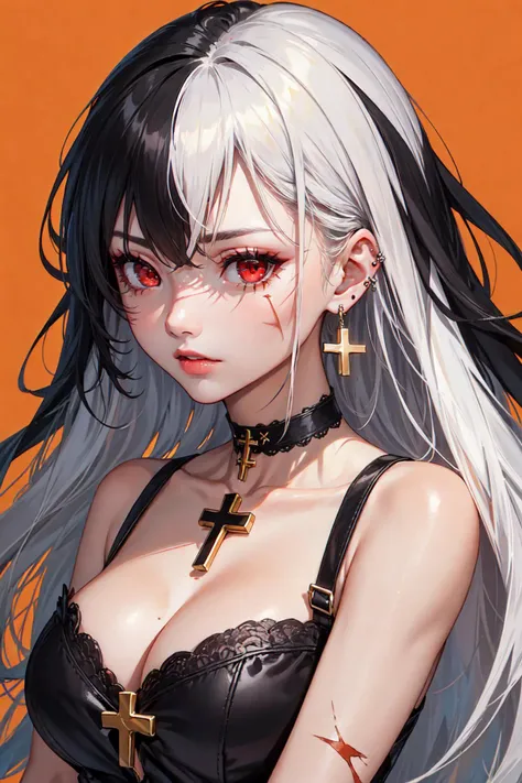 ((masterpiece:1.4, best quality:1.2)), toned, 1girl with long hair, 1girl, black hair, solo, very long hair, white hair, jewelry, scar, scar on face, cleavage, red eyes, simple background, looking at viewer, ringed eyes, choker, bracelet, orange background...