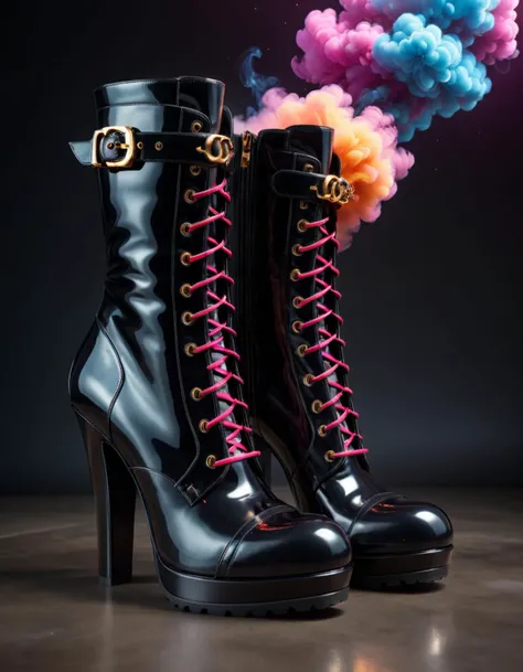 cinematic photo <lora:LatexID_-_Ai_Heels:1> a pair of black boots with gold detailing, patent leather, high heel boots, high heels boots, black boots, black leather boots, platform boots, chanel boots, high shoes, wearing black boots, leather boots, high b...