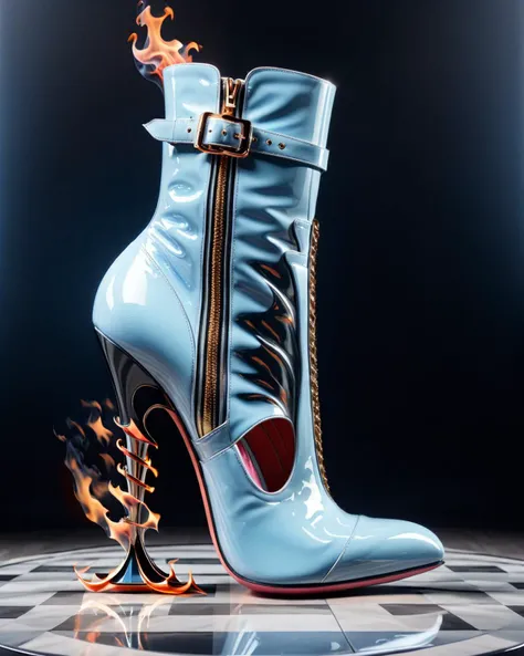 Surrealist art white with gold accents, on a checkered floor, pale blue outfit, a high heeled shoe with a reflective surface, side-view. highly detailed, black leather boots, high details photo, a pair of high heeled shoes with flames on them, 3 d fluid si...