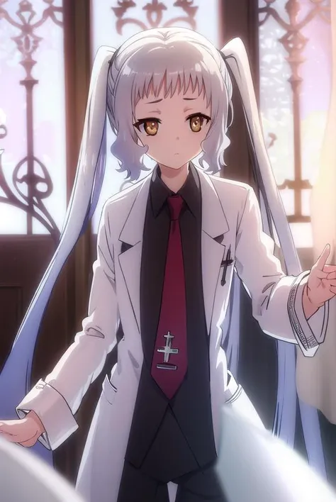 korewaariel, <lora:korewa ariel s2-lora-nochekaiser:1>,
ariel, long hair, twintails, (brown eyes:1.5), white hair,
BREAK necktie, red necktie, labcoat, (white labcoat:1.5), shirt, black shirt, collared shirt,
BREAK indoors, classroom,
BREAK looking at view...