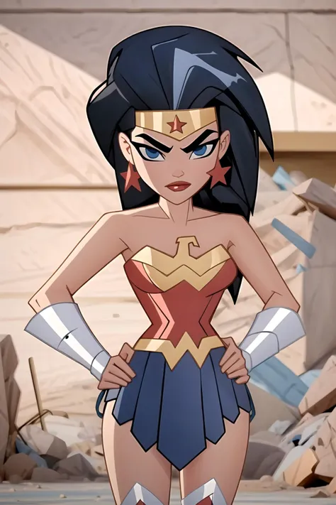 a cartoon of a woman in a wonder costume standing in front of a pile of rubble