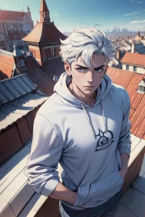 dinamic view, (Zac Lewind, boy, short white ruffled hair, blue eyes), sweatshirt, standing, masterpiece, high quality, highres, absurd, finely detail, face detailed, eyes detailed, ultra detail, 4k, dramatic angle,rooftop,sky,city,