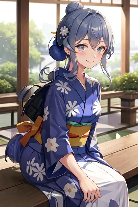 best quality, masterpiece, highres, solo, {yukata:1.40}, {kimono:1.20}, {gotland_kantaicollection:1.15}, blue_hair, long_hair, mole, mole_under_eye, blue_eyes, hair_between_eyes, smile, hair_bun, blush, breasts, single_hair_bun