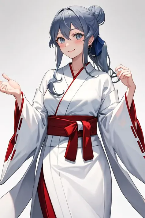 best quality, masterpiece, highres, solo, {white kimono:1.35}, {red hakama:1.35}, {wide sleeves:1.20}, {gotland_kantaicollection:1.15}, blue_hair, long_hair, mole, mole_under_eye, blue_eyes, hair_between_eyes, smile, hair_bun, blush, breasts, single_hair_b...