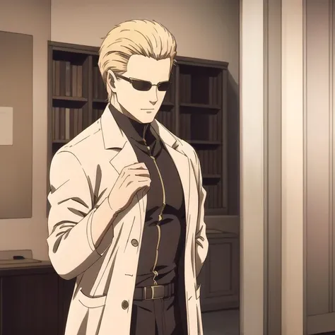 a man in a white coat and sunglasses standing in a room