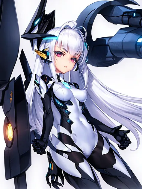 (masterpiece:1.3),(best quality:1.3),1girl, solo, simple background,upper body, white background ,kos-mos, android, white bodysuit,  mecha musume,