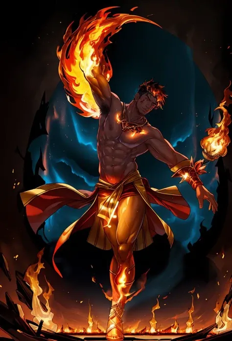 ((Immersive)),((4K)),((Captivating)),((Magnificent)),((Extraordinary)),((Enchanting)),fantasy,(1man Fire Dancer:1.4),Flames,Graceful,waning light,Weakening glow,Declining light,Fading illumination,