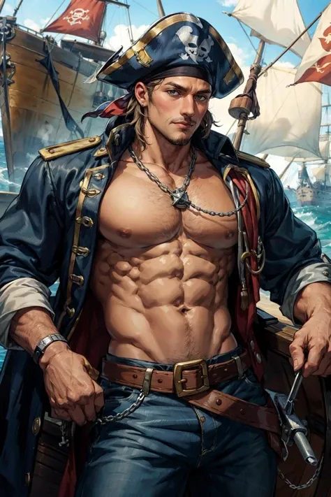 a pirate captain on a ship, muscular, large pectorals, best quality, masterpiece, extremely detailed, intricate details