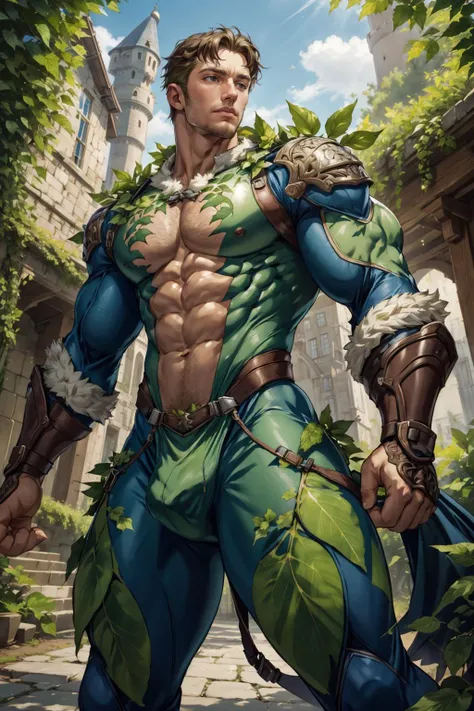 photo of a (irish man), wearing leaf exosuit, naturesarmor, muscular, pectorals, abs, in a castle courtyard, best quality, extremely detailed, intricate details, male focus, dynamic pose, dynamic angle