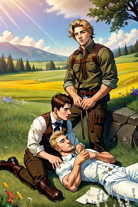 A perfect gay couple of lovers, 2boys, first man dark brown short hair and second man blond hair, dark brown eyes, sitting on the ground, romance fantasy movie, flowers, in the hillside
film grain, photorealsitic, soft light, exposure blend, medium shot, r...