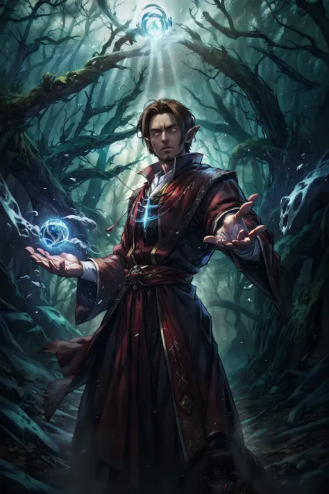 a man in a red robe holding a magic ball in a forest