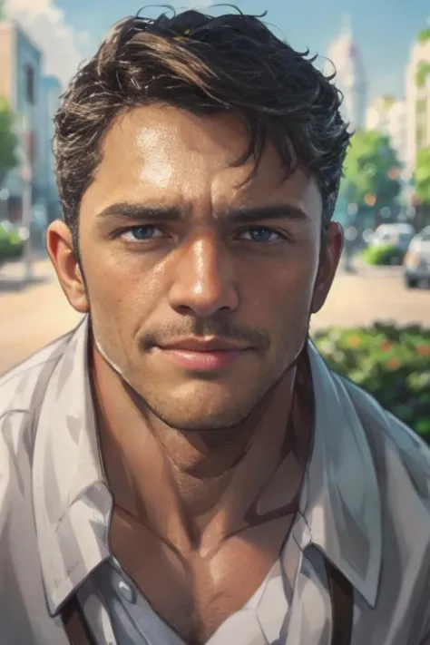 a close up of a man with a shirt on in a city