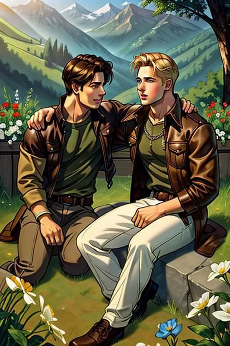 A perfect gay couple of lovers, 2boys, first man dark brown short hair and second man blond hair, dark brown eyes, sitting on the ground, romance fantasy movie, flowers, in the hillside
film grain, photorealsitic, soft light, exposure blend, medium shot, r...