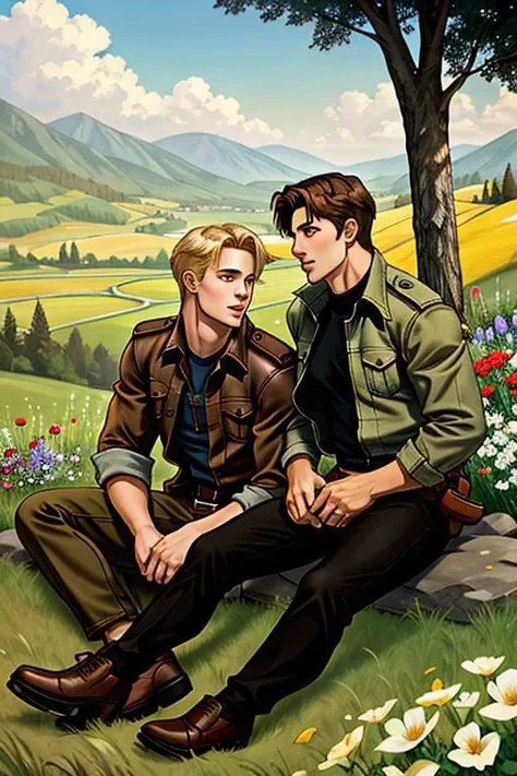 A perfect gay couple of lovers, 2boys, first man dark brown short hair and second man blond hair, dark brown eyes, sitting on the ground, romance fantasy movie, flowers, in the hillside
film grain, photorealsitic, soft light, exposure blend, medium shot, r...