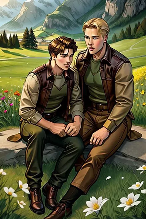 A perfect gay couple of lovers, 2boys, first man dark brown short hair and second man blond hair, dark brown eyes, sitting on the ground, romance fantasy movie, flowers, in the hillside
film grain, photorealsitic, soft light, exposure blend, medium shot, r...