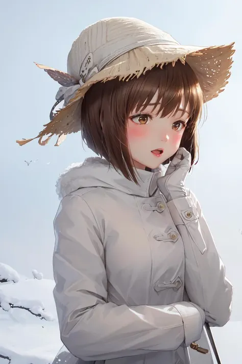 highres, sharp focus, pixiv masterpiece, ((intricate details)), highly detailed,hagiwara_yukiho, 1girl, solo, brown hair, hat, blush, gloves, brown eyes, open mouth, looking at viewer, short hair, hands on own face, hands on own cheeks, white headwear, coa...