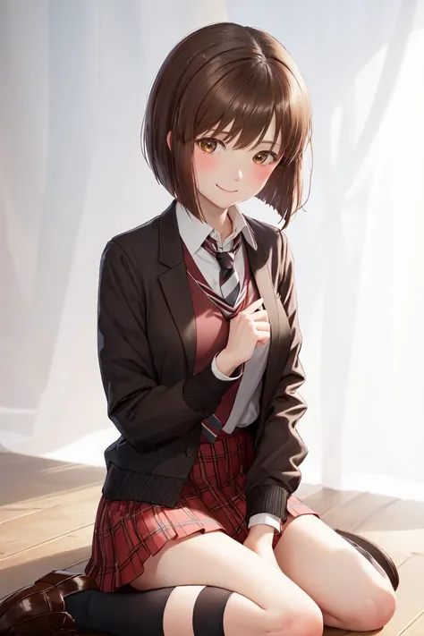 highres, sharp focus, pixiv masterpiece, ((intricate details)), highly detailed, hagiwara_yukiho, 1girl, solo, bob cut, skirt, brown hair, necktie, plaid skirt, smile, school uniform, jacket, short hair, blush, sitting, brown eyes, red skirt, plaid, shirt,...