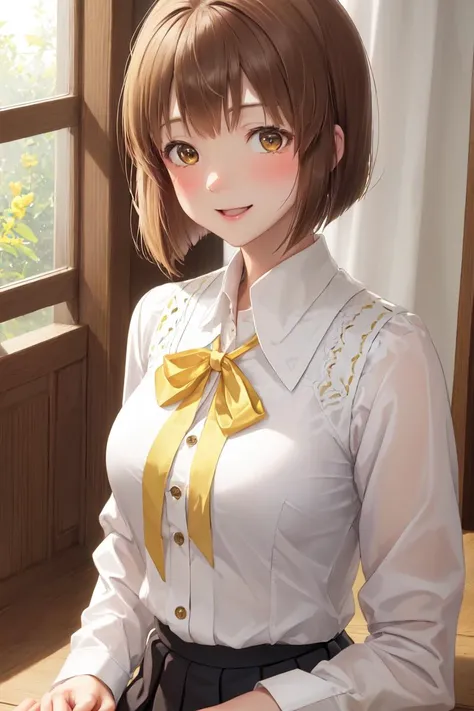 highres, sharp focus, pixiv masterpiece, ((intricate details)), highly detailed, hagiwara_yukiho, 1girl, solo, brown hair, bob cut, smile, skirt, brown eyes, short hair, ribbon, shirt, pleated skirt, looking at viewer, :d, white shirt, blush, dress shirt, ...