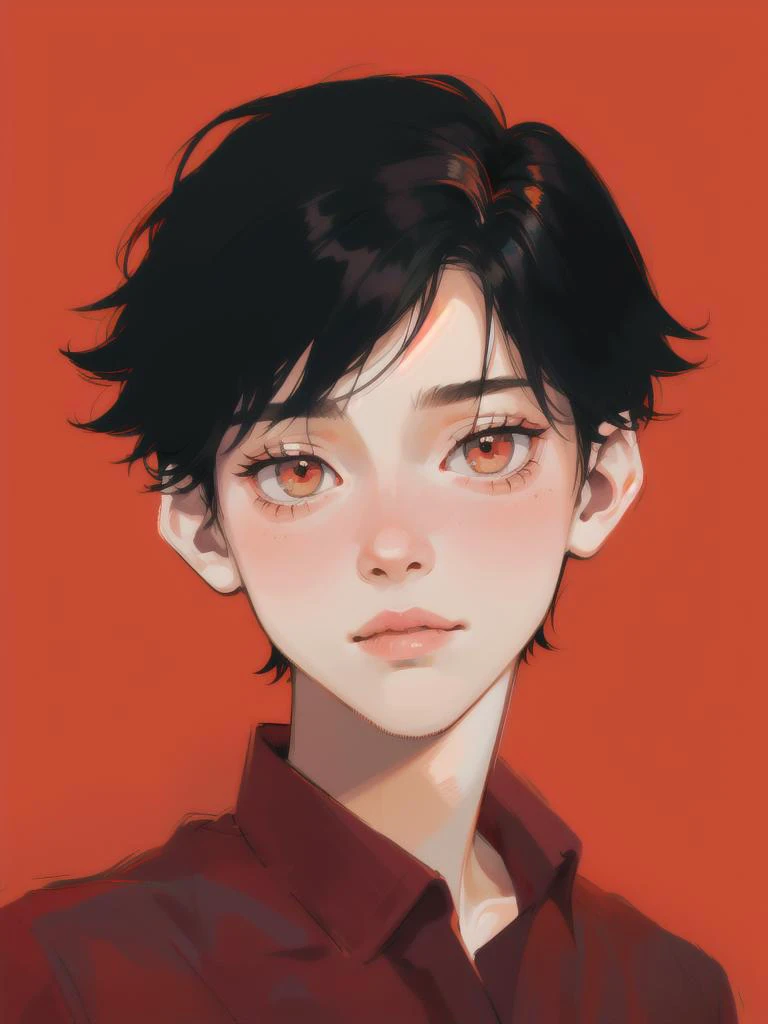 a drawing of a young man with black hair and a red shirt