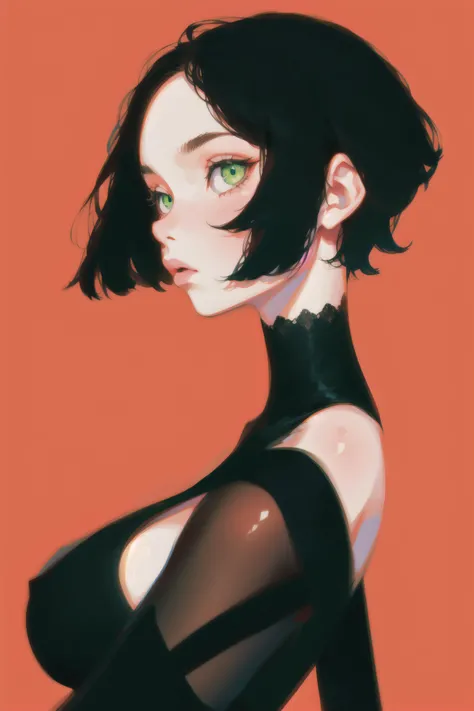 1girl,  short hair,  upper body,  detailed face,  simple background,  green eyes,  large breasts,  bare shoulders,  black-hair, <lora:Flater:0.75>