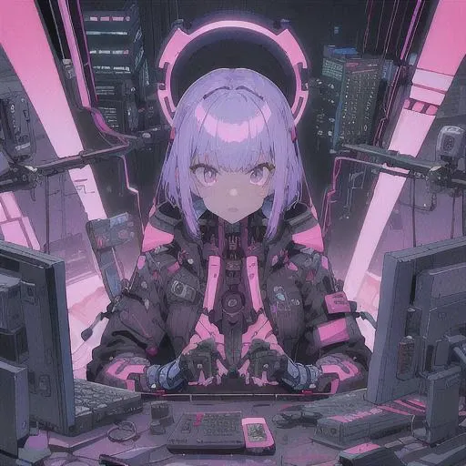 anime girl sitting at a desk with a computer and keyboard