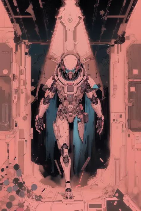 epic holy cyborg necromancer, advanced technology, experimental tech, scifi armor, space, atmosphere, robes, space station, limited palette, Cyberpop, <lora:Cyberpop:0.8>