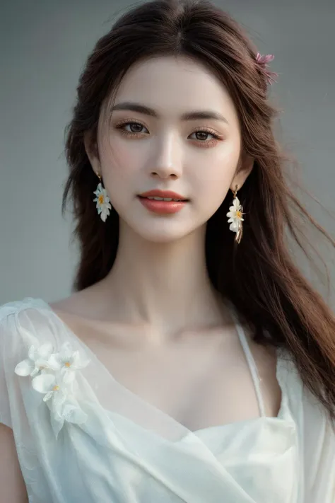 a woman with long hair wearing a white dress and earrings