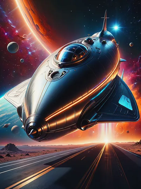 Compose a captivating movie scene featuring a sleek and polished steel slug shaped spaceship made out of ral-polishedsteel soaring through the vastness of space. Set against the backdrop of distant stars and swirling nebulae, the spaceship gleams in the co...