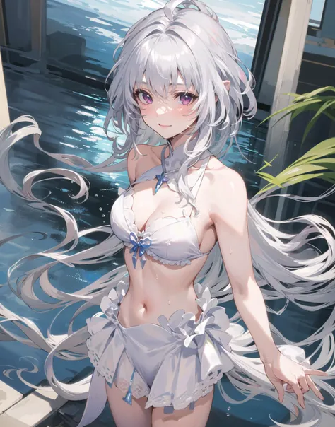 best quality,(masterpiece:1.2),highly detailed,1girl,solo,standing,slight smile,looking at viewer,white bikini,necklace,wet hair,<lora:merlin-000021:0.8>,white hair,